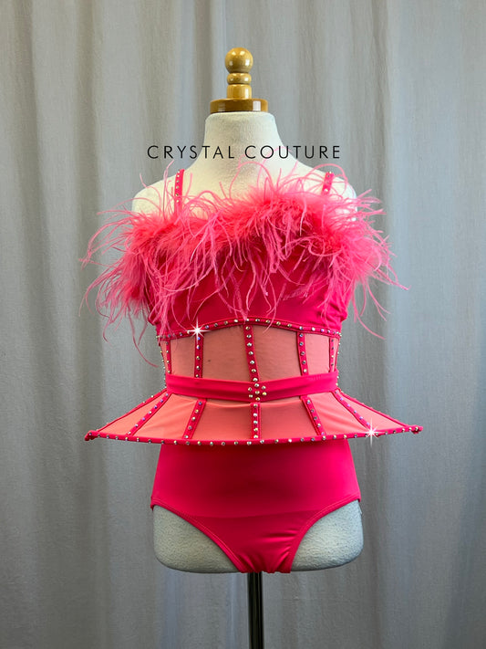 Neon Coral Caged Waist Leotard with Feathers and Peplum Skirt -Rhinestones, Accessories