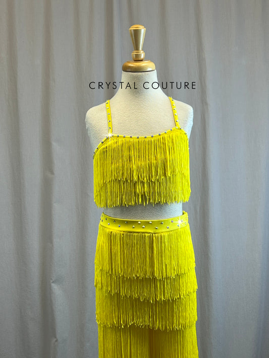 Yellow Fringe Bra Top and Pants Set -Rhinestones