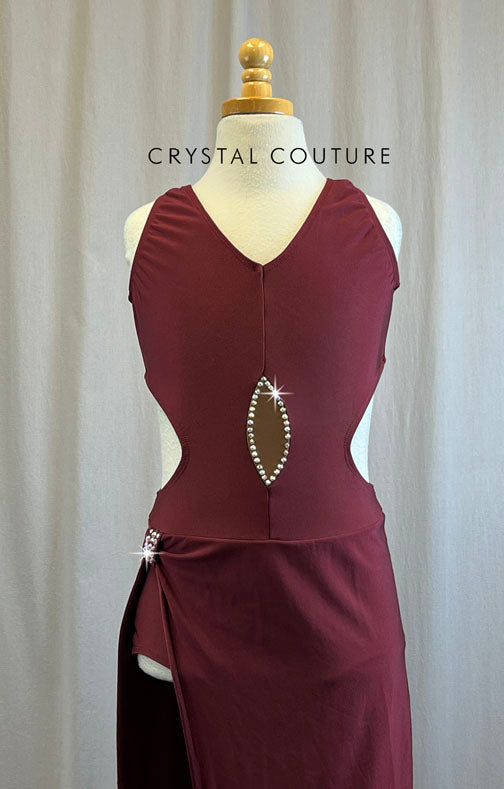 Maroon High Slit Dress -Rhinestones