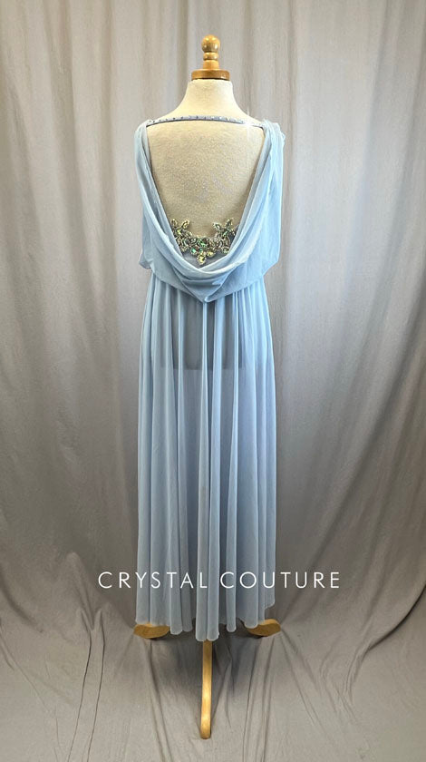 Baby Blue Long Multi Slit Mesh Dress -Rhinestones, Rhinestone Appliques