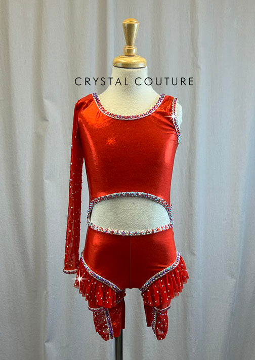 Custom Metallic Red Cutout Biketard with Single Sleeve and Ruffles -Rhinestones