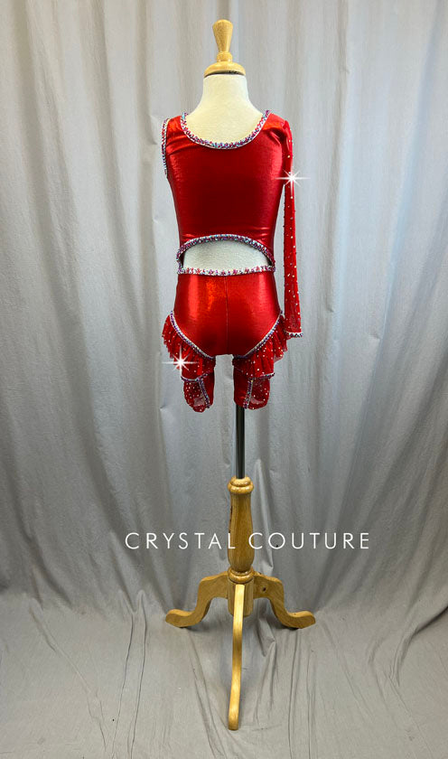 Custom Metallic Red Cutout Biketard with Single Sleeve and Ruffles -Rhinestones