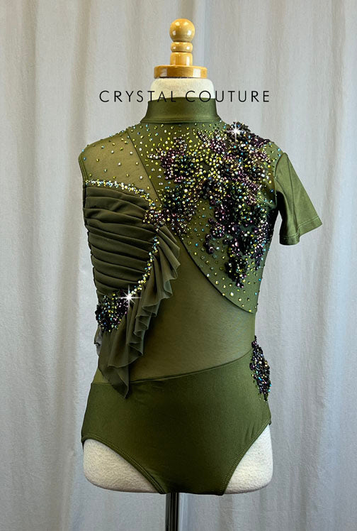 Custom Olive Green Single Short Sleeve Leotard -Rhinestones and Appliques