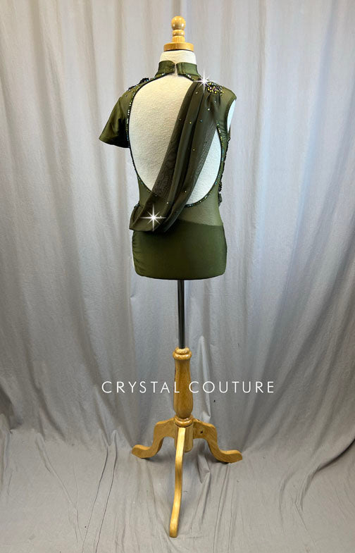 Custom Olive Green Single Short Sleeve Leotard -Rhinestones and Appliques