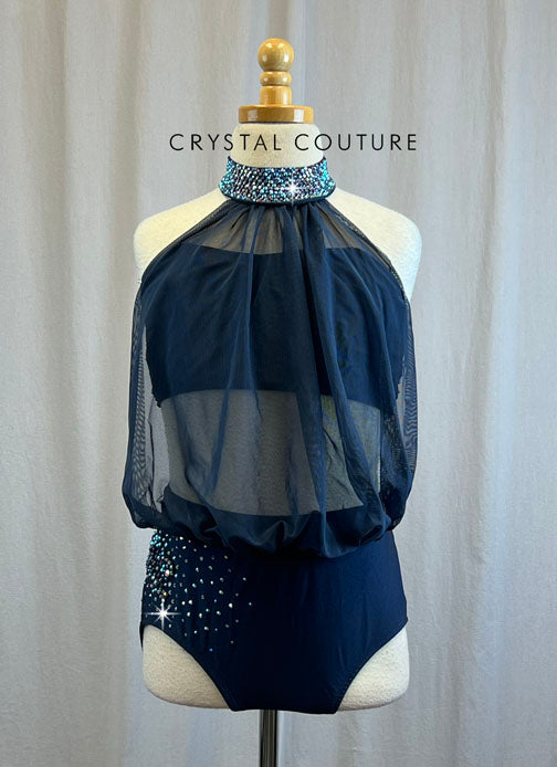 Navy Halter Mesh Mock Neck Top and Brief Set -Rhinestones, Applique, Accessories