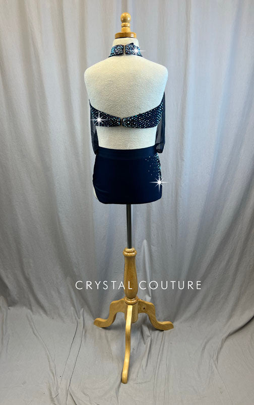 Navy Halter Mesh Mock Neck Top and Brief Set -Rhinestones, Applique, Accessories