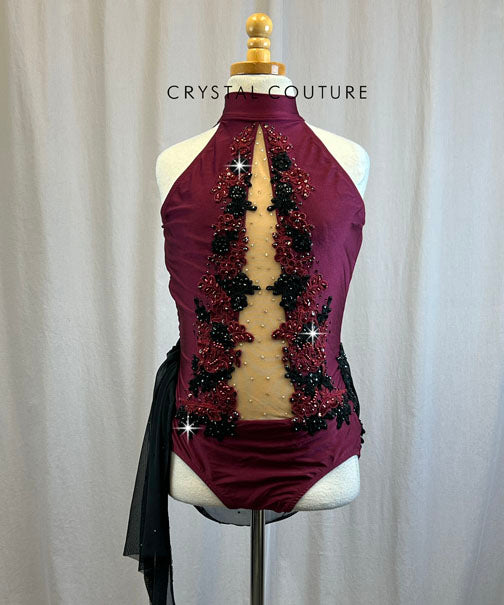 Burgundy and Nude Mesh Mock Neck Leotard, Black Mesh Skirt-Rhinestones, Appliques