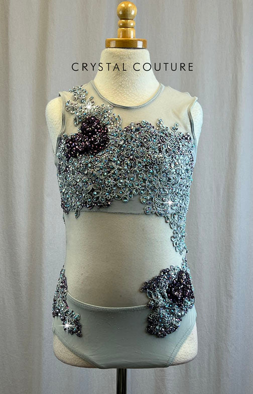 Custom Light Grey Mesh and Lycra Leotard -Rhinestones, Appliques