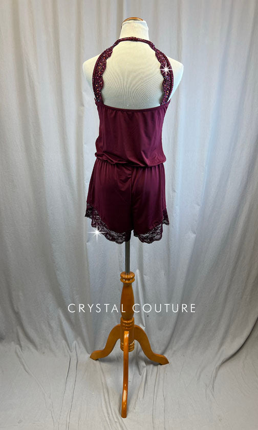Loose Burgundy Lycra And Lace Romper -Rhinestones
