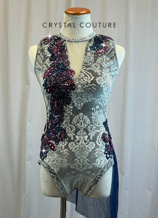 Light Grey Antique Detailed Velvet Leotard With Navy Mesh Skirt