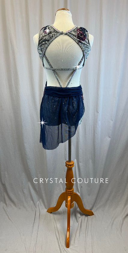 Light Grey Antique Detailed Velvet Leotard With Navy Mesh Skirt