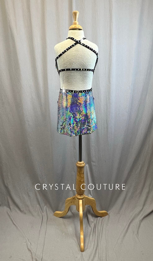Custom Black and Silver Hologram AB Strappy Dress -Rhinestones