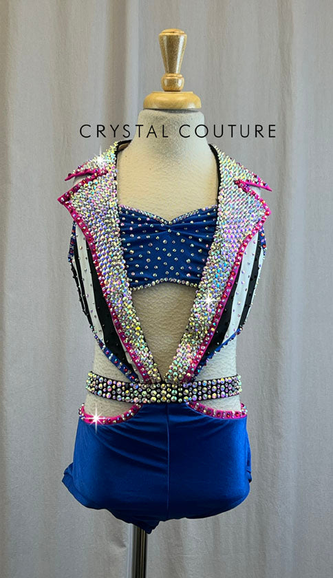 Custom Royal Blue, Hot Pink, and Black and White Tuxedo Cutout Leotard -Rhinestones, Accessories