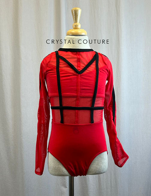 Red and Black Caged Waist Long Sleeve Leotard