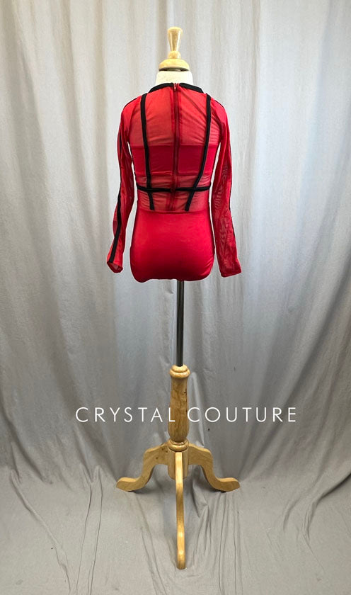 Red and Black Caged Waist Long Sleeve Leotard