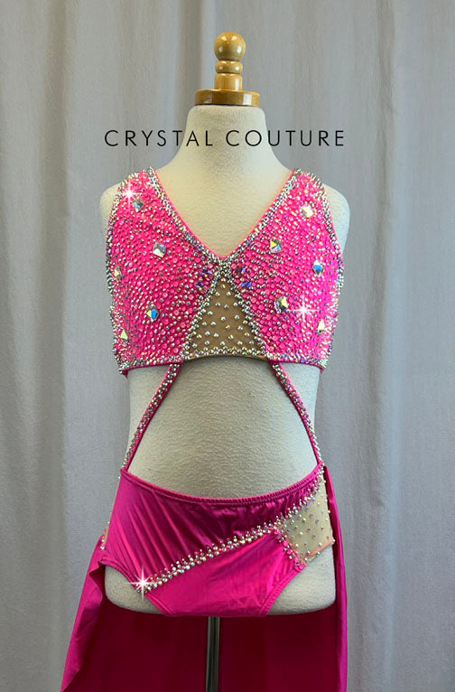 Custom Neon Pink Strappy Bra and Brief Set with Attached Skirt -Rhinestones