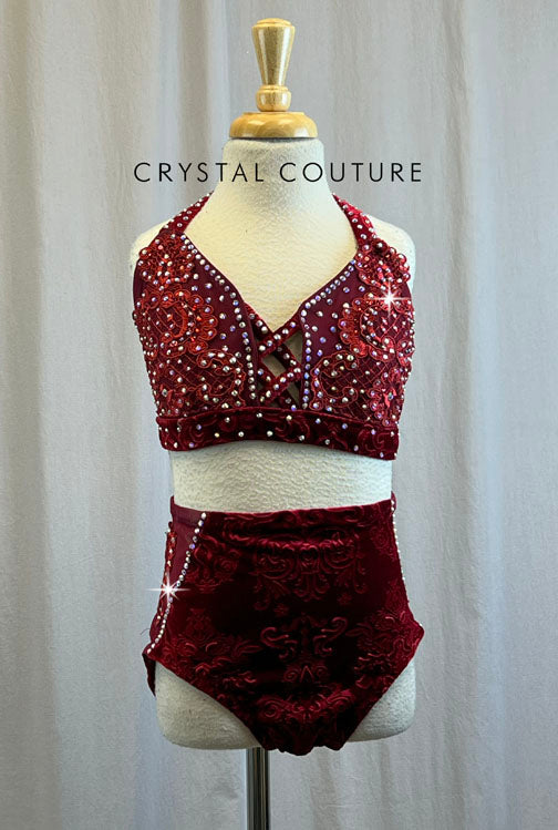 Custom Burgundy Velvet Crop Top and Brief Two-Piece Set- Rhinestones