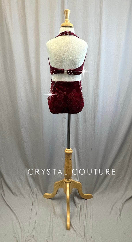 Custom Burgundy Velvet Crop Top and Brief Two-Piece Set- Rhinestones