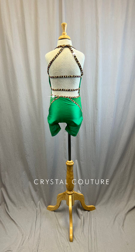 Custom Kelly Green and Leopard Biketard -Rhinestones