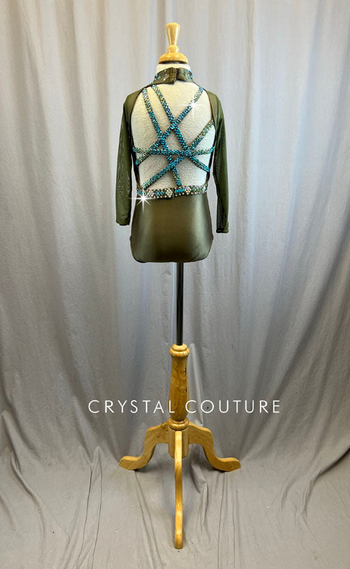 Custom Light Olive Green Strappy Back Leotard -Rhinestones