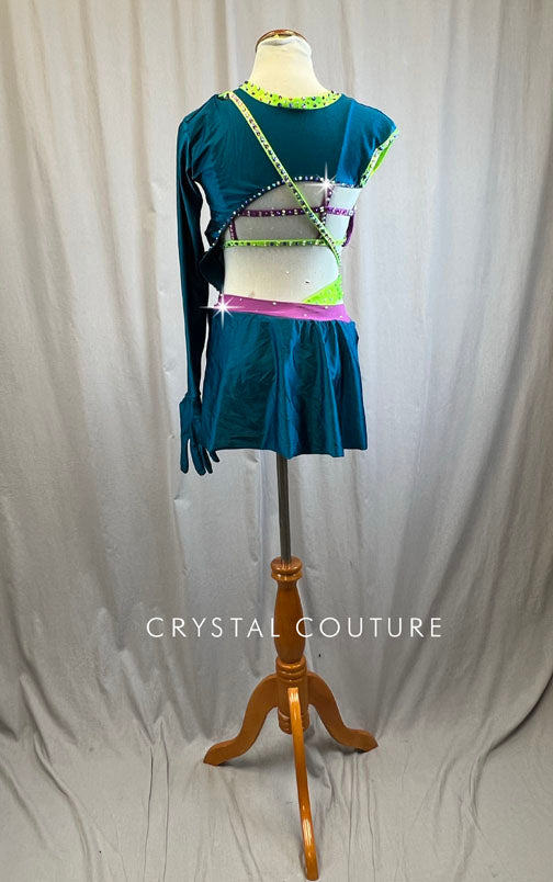 Custom Dark Teal/Purple/Neon Green Single Sleeve Set -Rhinestones