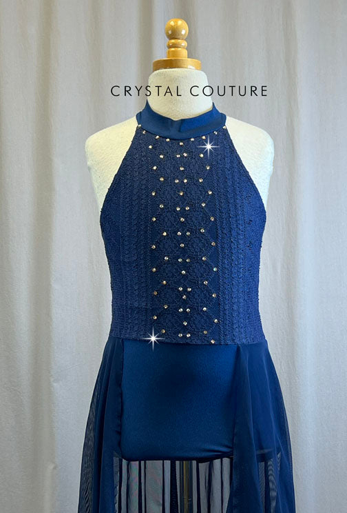 Custom Navy Lace and Mesh Halter Dress -Rhinestones