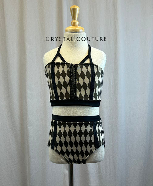 Custom Black And Cream Diamond Pattern Crop and Brief Set