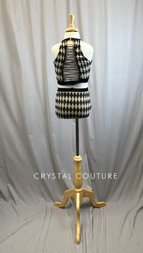 Custom Black And Cream Diamond Pattern Crop and Brief Set