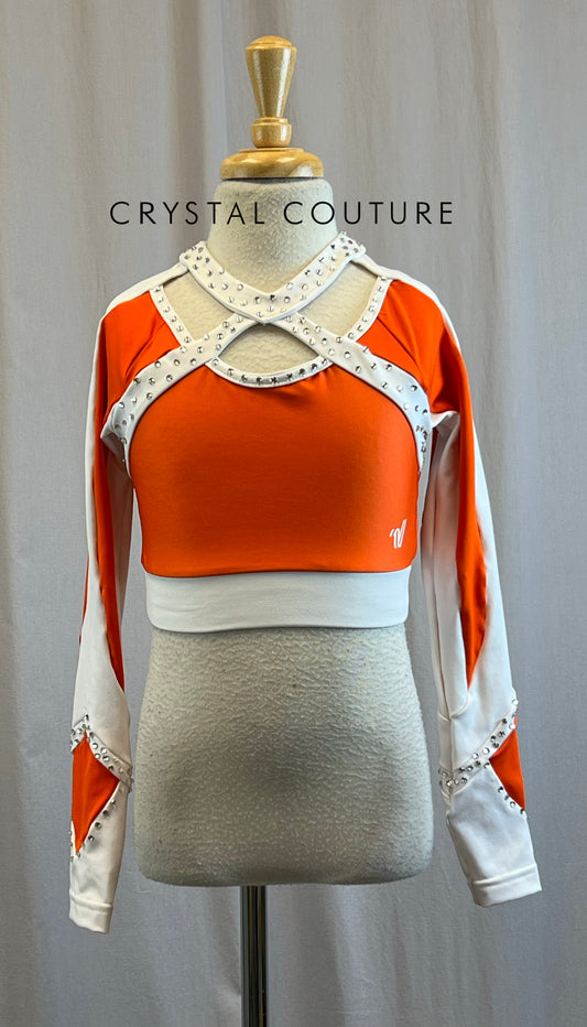 Custom Orange and White Long Sleeve Crop -Rhinestones