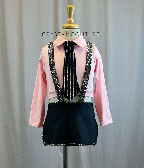 Custom Baby Pink and Black Suspenders and Skirt Set -Rhinestones, Accessories