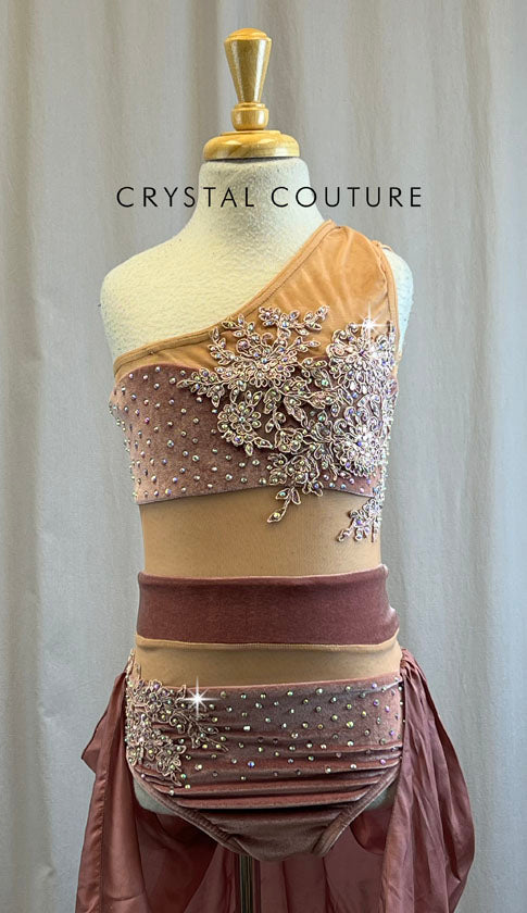 Velvet Mauve and Nude Mesh Single Shoulder Leotard with Skirt-Rhinestones, Appliques, Hairpiece