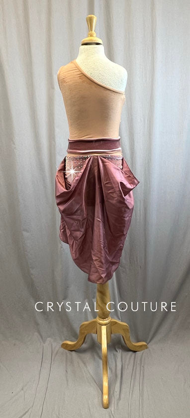Velvet Mauve and Nude Mesh Single Shoulder Leotard with Skirt-Rhinestones, Appliques, Hairpiece
