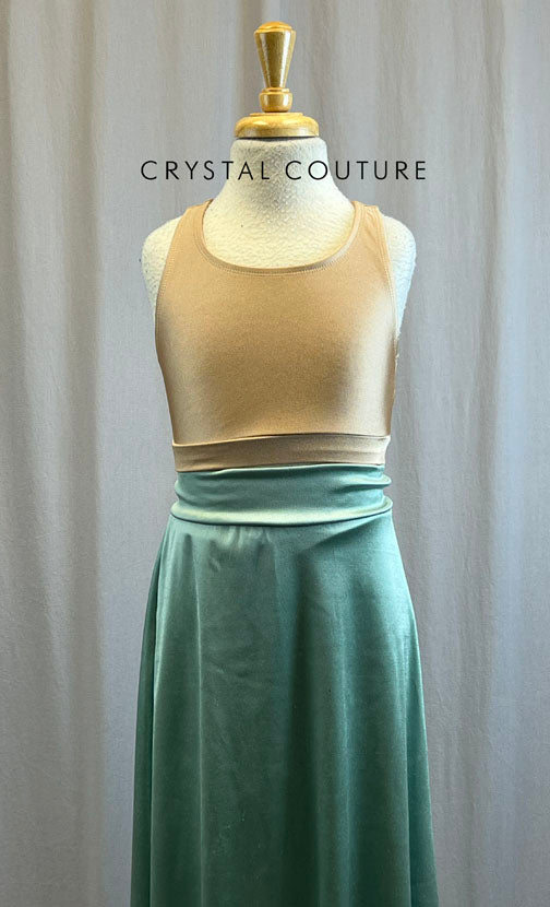 Nude Bra Top and High Slit Mint Satin Skirt -Appliques, Hairpiece