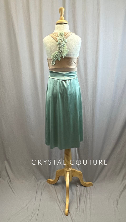 Nude Bra Top and High Slit Mint Satin Skirt -Appliques, Hairpiece