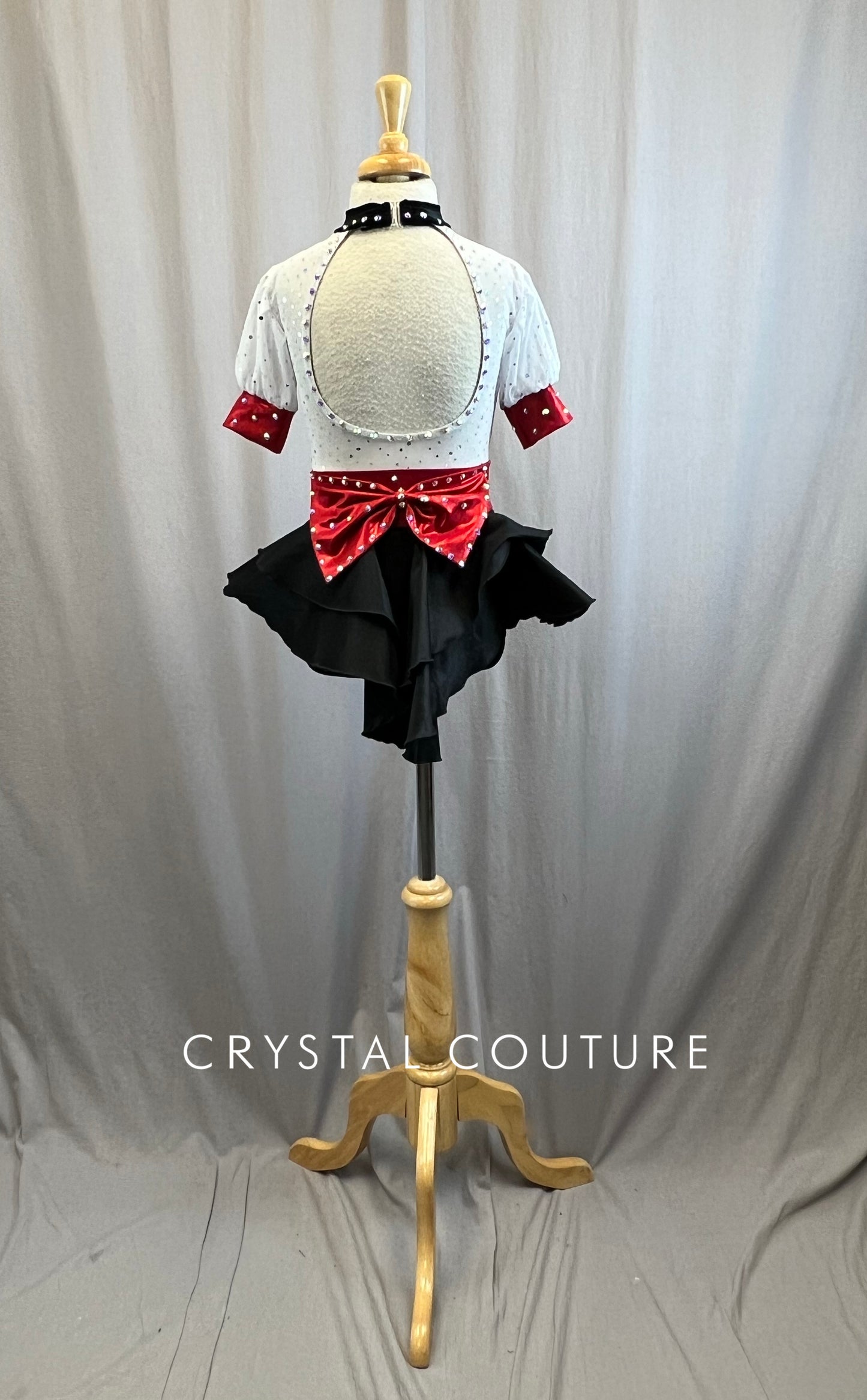 White, Red and Black Leotard with Half Skirt - Rhinestones