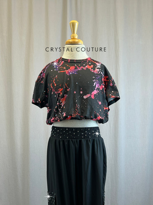 Black with Pink and Purple splatter design two piece, Black Cargo pants - Rhinestones