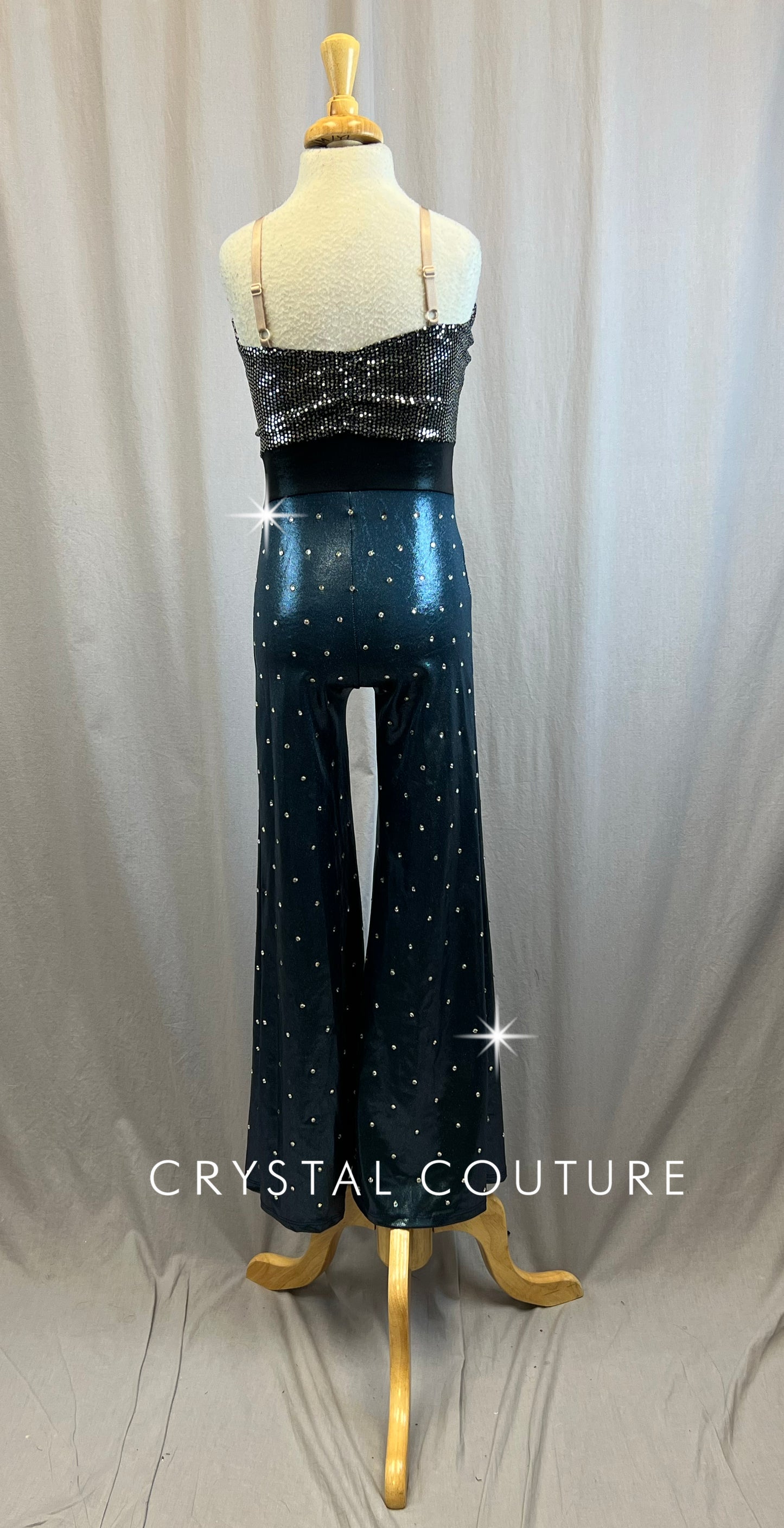 Silver, Black and Blue Unitard with spangles on top - Rhinestone
