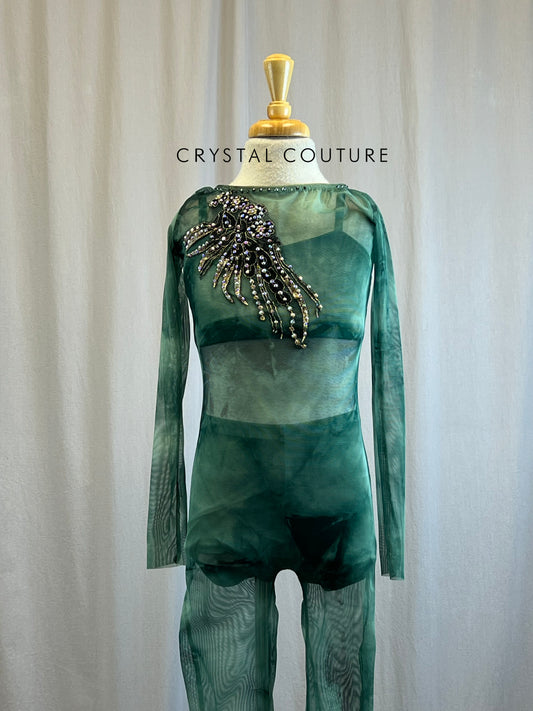 Green Tie-dye Mesh Unitard, with Dark Green Two Piece set