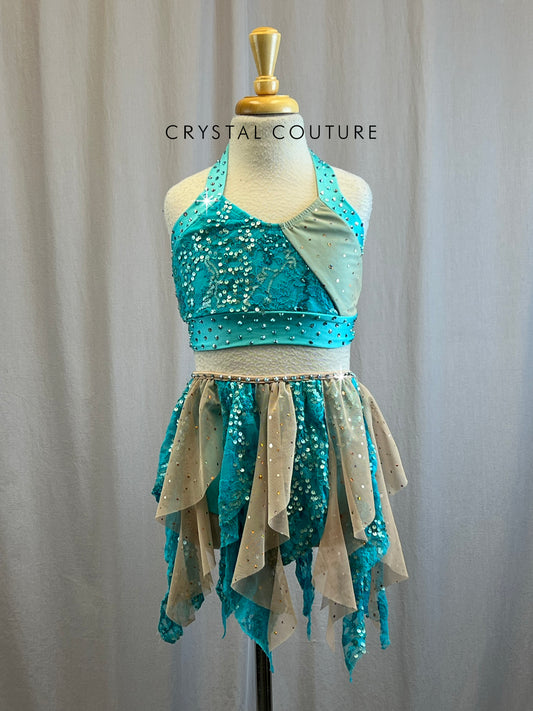 Blue and Nude halter neck Two Piece- Rhinestones