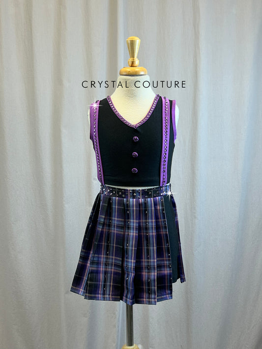 Black and Purple, plaid skirt Two piece - Rhinestones