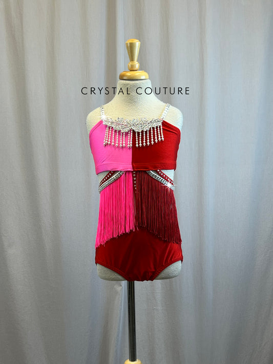 Pink and Red Leotard with fringe and pearl accents