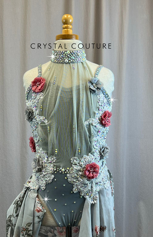 Custom Light Grey Floral Leotard with Skirt -Rhinestones, Appliques, Hairpiece