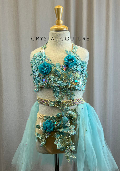 Custom Aqua and Nude Bra Top and Brief Set with Tulle Skirt -Rhinestones, Appliques, Accessories