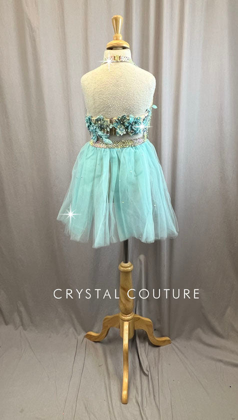 Custom Aqua and Nude Bra Top and Brief Set with Tulle Skirt -Rhinestones, Appliques, Accessories