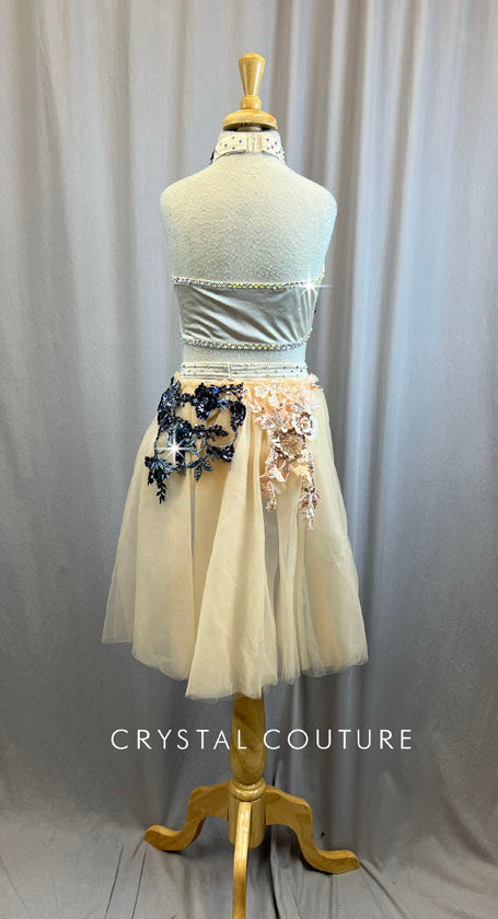 Custom Champagne and Navy Satin and Tulle Skirt Set -Rhinestones, Appliques, Hairpiece