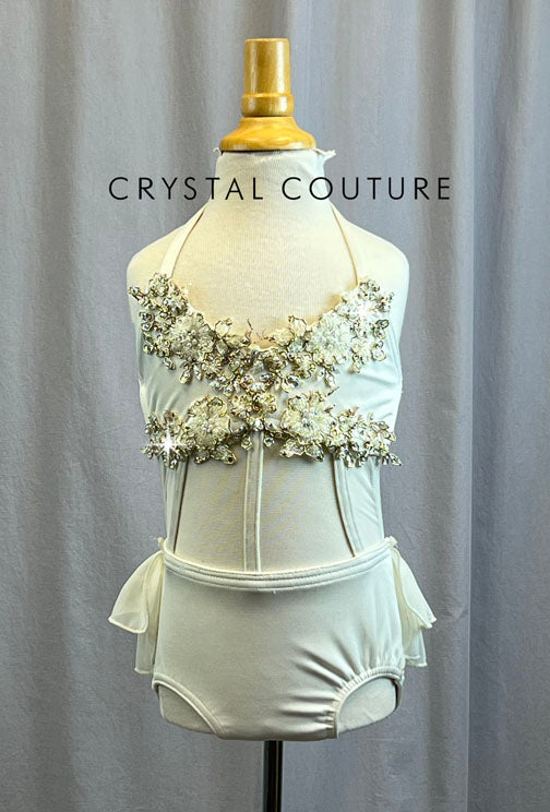 Custom Ivory Lycra and Mesh Leotard with Half Skirt - Accessories, Appliques, Rhinestones