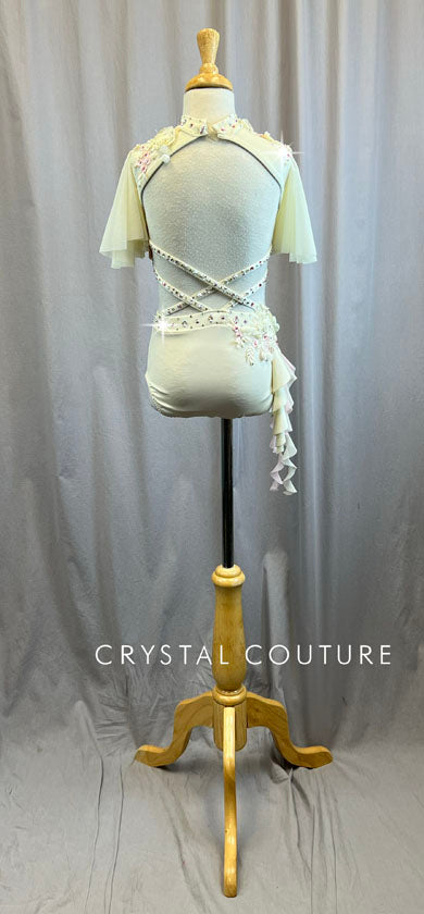 Custom Ivory and Baby Pink Flutter Sleeve Connected Top and Brief -Hairpiece, Appliques, Rhinestones