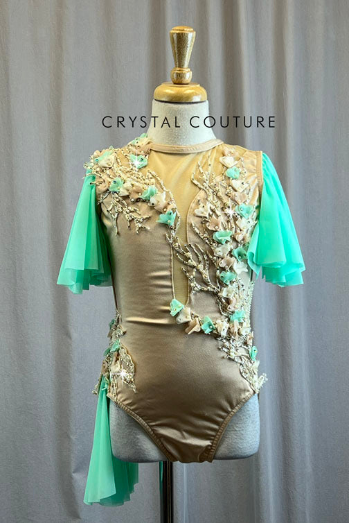 Custom Nude and Mint Flutter Sleeve Leotard -Rhinestones, Appliques, Hairpiece