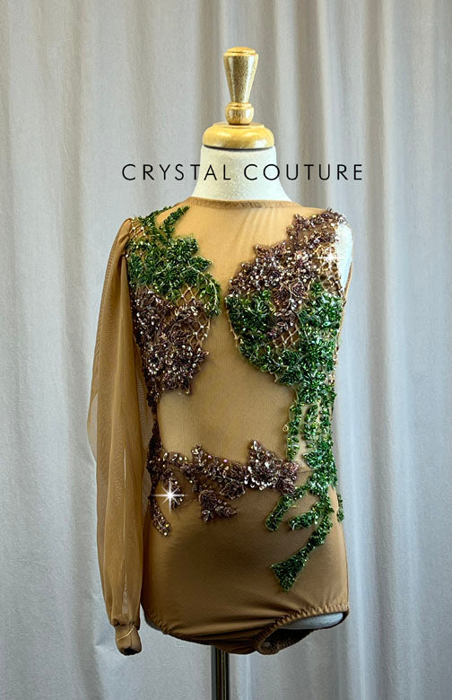Custom Dark Nude Single Sleeve Mesh Leotard -Rhinestones, Appliques