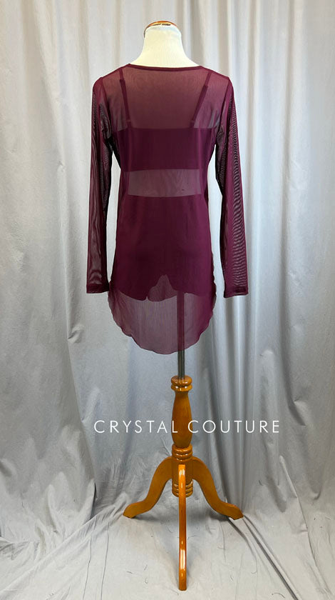 Burgundy Bra Top and Shorts with Long Sleeve Mesh Overlay Dress